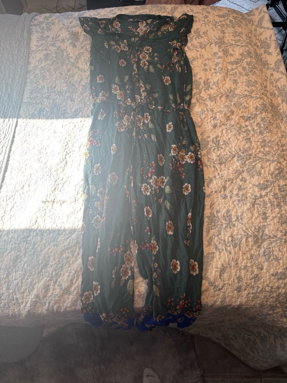 Democracy Dark Green Floral Off-Shoulder Jumpsuit